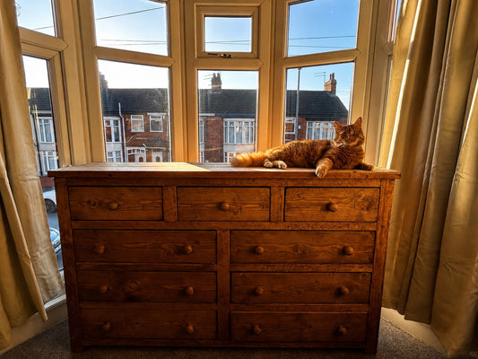 Large handmade wooden nine drawer chest of drawers