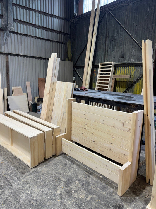 Handmade wooden furniture in its bare bones for a Whitby Airbnb project