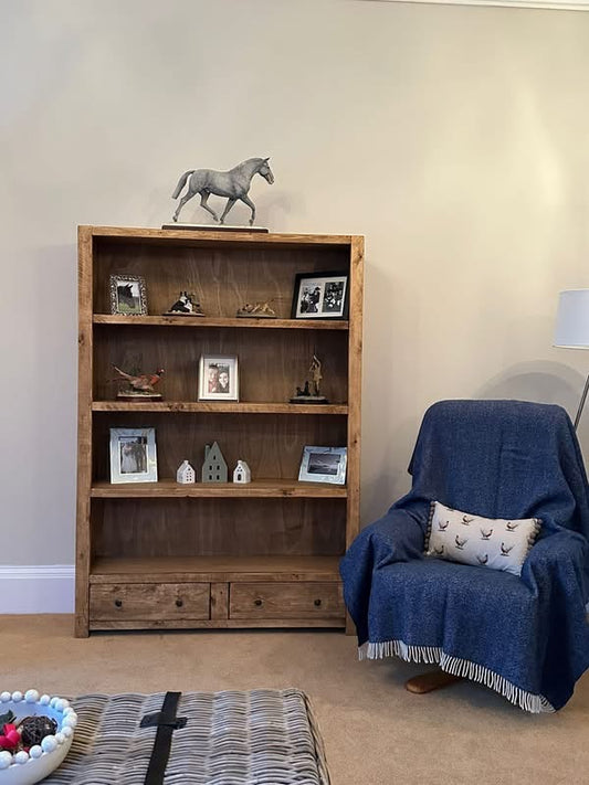 Handmade chunky rustic wooden bookcase with two drawers