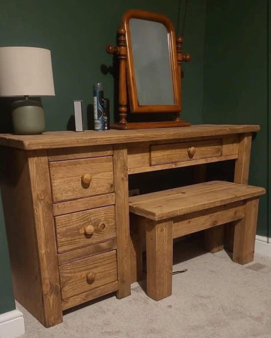 Handmade chunky rustic wooden desk set with matching stool