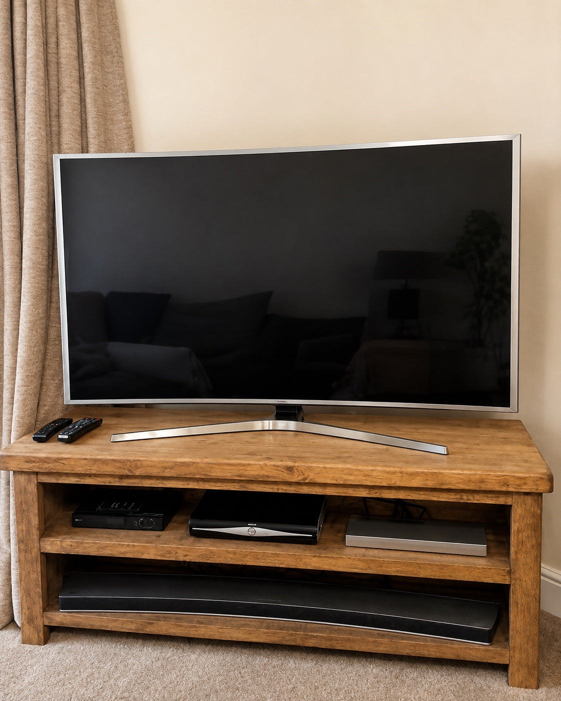 Handmade chunky rustic wooden TV stand with open media shelves