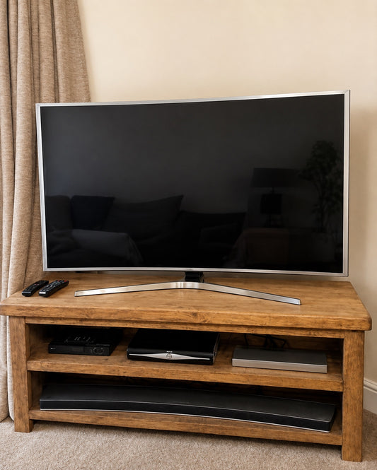 Handmade chunky rustic wooden TV stand with open media shelves