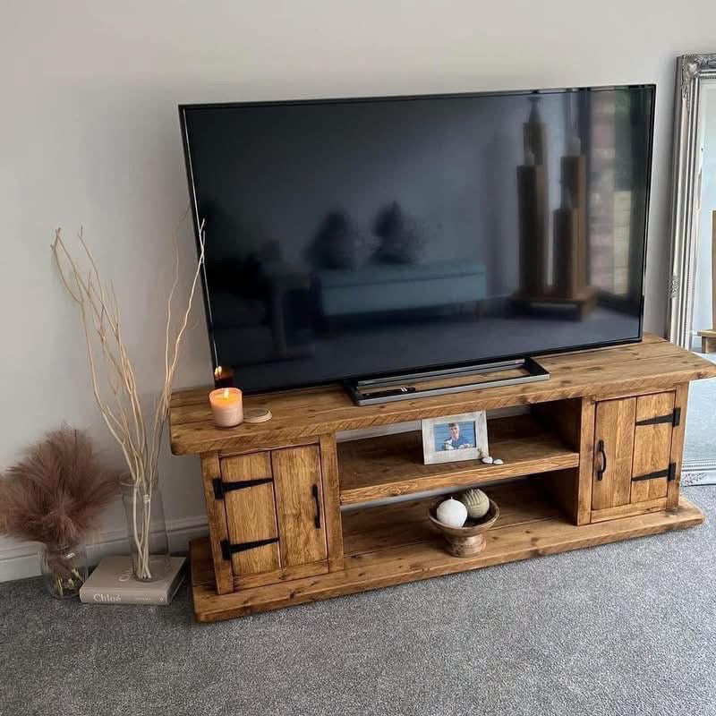 Handmade rustic wooden double door TV stand with open media shelves